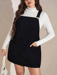 SHEIN LUNE 大码女式黑色灯芯绒连衣裙，带口袋和可调节肩带，女士连衣裙，Barnfit 感恩节服装，女士新年服装，冬季连衣裙，冬季服装，女士狂欢服装，毛衣裙 - 黑色 - 查看 7