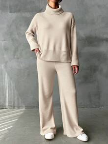 EURMUSE 女士純色高領毛衣2件套 - 杏色 - 查看 3