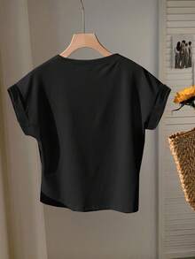 SHEIN EZwear 2pcs Black & Red Round Neck Short Sleeve T-Shirt, Suitable For Summer,Red Top