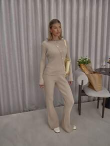 MUSERA Asymmetric Button Down Thick Rib Long Sleeve Sweater Top Only Streetwear Cute Classy Casual Sexy Going Out Toffee Evening Party Elegant - Apricot - View 3