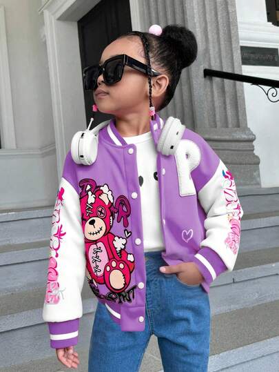 Sparklyn Young Girl Casual Knit Fabric Fuchsia White Letter Graphic Cute Teddy Bear Heart Cartoon Digital Print Jacket, Patchwork Colorful English Letter Digital Print White Long Sleeve Jacket, Suitable For Autumn/Winter Back To School, Girls Casual Fashion Cute Outdoor Travel Holiday Photo