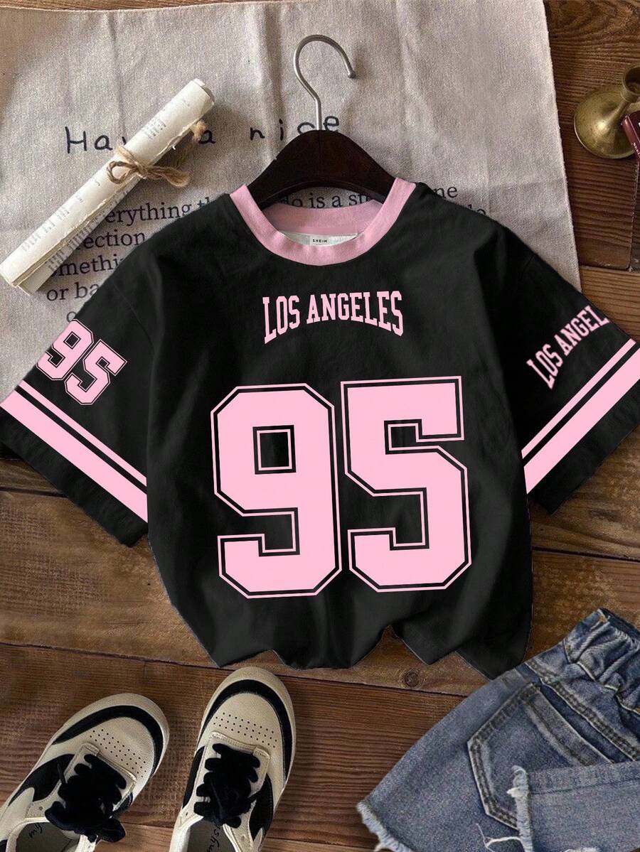 洛杉矶95号印花短袖圆领T恤，适合日常穿着，宽松休闲简约风，适合夏秋两季，可爱针织衫，运动风，网球灵感，舒适精选，运动风，酷炫穿搭系列，学院风，少女风，图案T恤，粉色棒球衫 - 彩色 - 查看 1