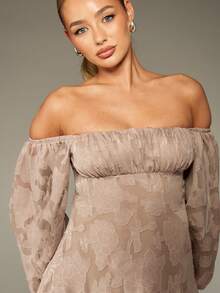 MISSGUIDED Váy ngắn hở vai Devore bằng vải voan thanh lịch với thân áo nhún bèo, tay bồng, eo cao, dáng ôm vừa vặn, thích hợp mặc dự tiệc tối, tiệc cưới - Màu nâu  Mocha - Xem 4