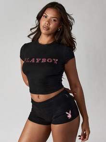Missguided x Playboy 复古风格婴儿 T 恤玫瑰金金属徽标印花修身短袖上衣基本款棉质弹力修身节日俱乐部派对 - 黑色 - 查看 1