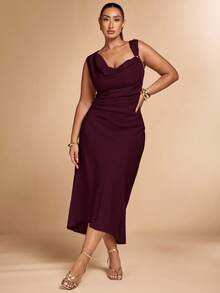 SHEIN BAE Plus Size Women Khaki Asymmetric Metal Dress - Maroon - View 6