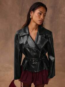 SHEIN BAE 时尚通勤黑色系带风衣 - 黑色 - 查看 4