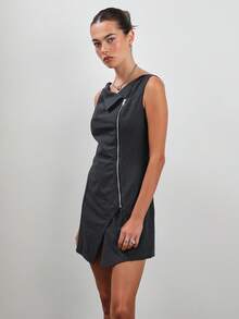 COUREZ 斜领细条纹迷你连衣裙，不对称拉链设计 / Y2K 风格外出穿搭 秋季女装 秋装 可爱冬季婚礼宾客礼服 优雅连衣裙 正式礼服 - 深灰色 - 查看 4