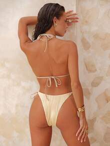 Swim Chiccia Summer Beach Textured Triangle Tie Side Bikini - Khaki - View 3