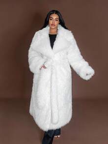 Maweii 女士高端人造毛皮长款收腰翻领优雅法式白色夹克，加大码秋冬人造毛皮大衣