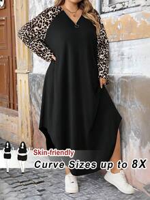 SHEIN CURVE+ Váy thun tay raglan họa tiết da báo cỡ lớn viền cong cho nữ/Mùa thu/Mùa đông - Nhiều màu - Xem 7