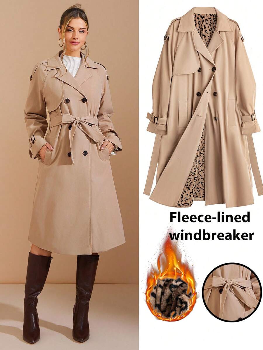 Amorya Women's Elegant Leopard Print Vintage Thermal Lined Trench Coat, Suitable For Daily Commute And Multiple Occasions, Autumn Women's Winter Clothes,Fall - Khaki - View 1