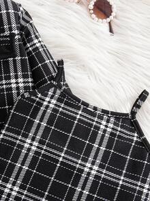 SHEIN 2 件套女婴可爱黑白千鸟格背带裙和夹克套装，秋冬 - 彩色 - 查看 7