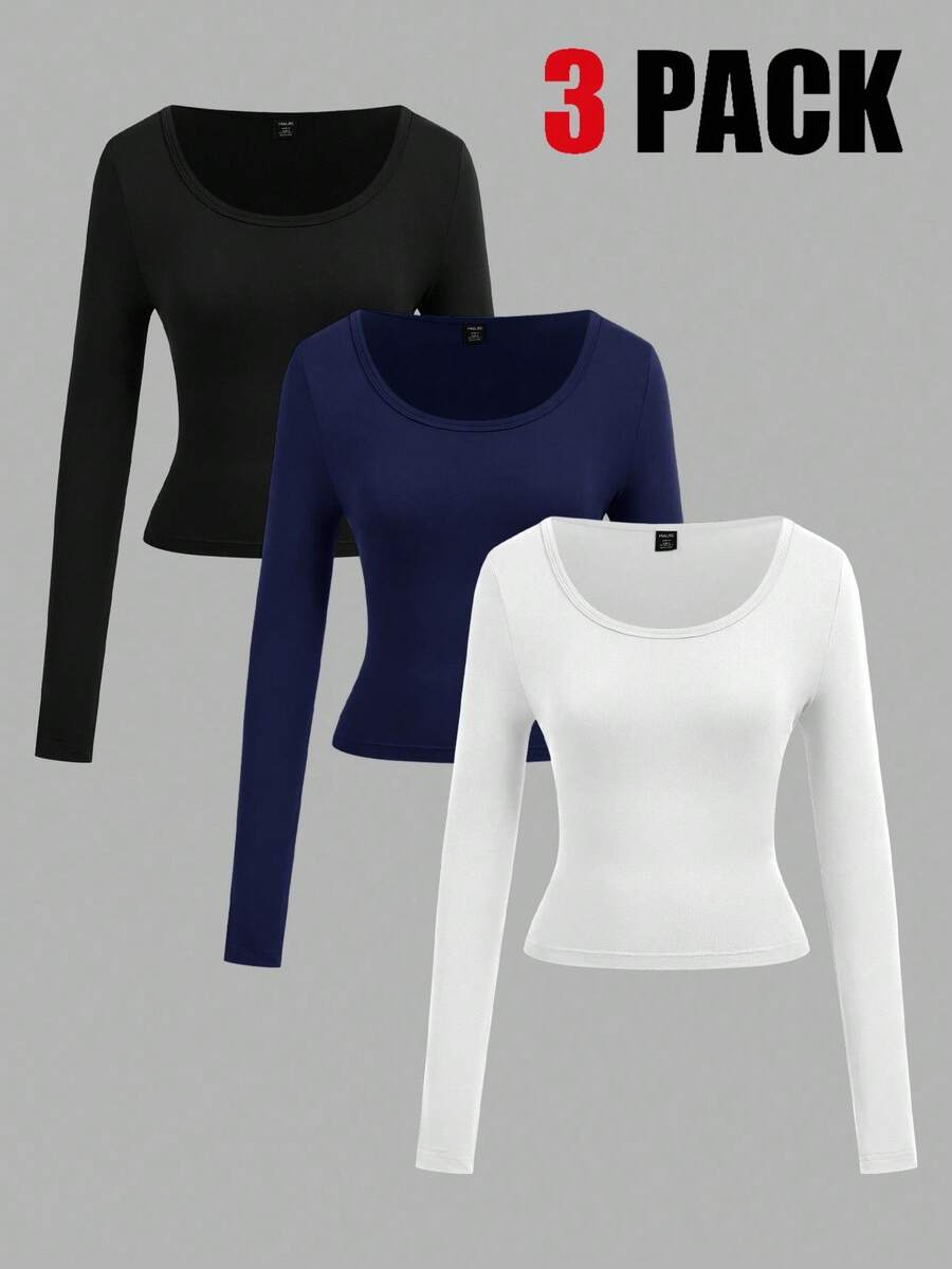 SHEIN EZwear 3pcs Women's Crew Neck Mid-Length Casual Tight Fit Basic Long Sleeve T-Shirts, Suitable For Autumn/Winter