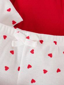 SHEIN Infant/Baby Girl Cap Sleeve Heart Embroidery Bow Bodysuit & Pants Set, Comfortable & Cute Casual Outfit Fall Winter - Multicolor - View 8