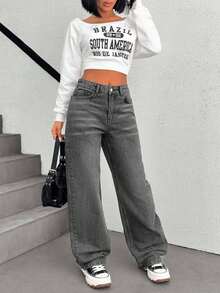 EURMUSE Low Waist Back Jacron Detailed Wideleg Jean - Dark Grey - View 5