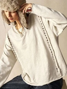 Bohemela T-shirt ample en tricot à col ras-du-cou, manches longues, couleur unie, style bohème décontracté pour l'automne, pour femmes