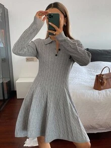 DAZY 女士休闲绣花领针织长袖毛衣裙，秋季 - 灰色 - 查看 3