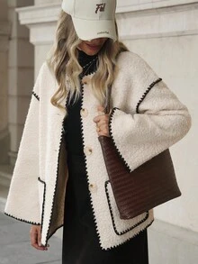 SHEIN Clasi 女款優雅秋冬百搭寬鬆羊羔毛撞色刺繡飾邊經典夾克 - 杏色 - 查看 1