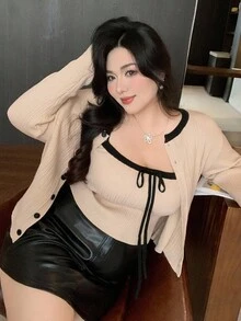 Dazy Plus 2pcs Contrast Color Patchwork Cardigan Elegant Short Knit Sweater Set, Autumn/Winter