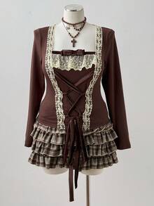 Sunspun Áo thun tay dài thoải mái, họa tiết ren, nơ, họa tiết chắp vá cỡ lớn dành cho nữ, mùa thu/đông - màu nâu - Xem 5