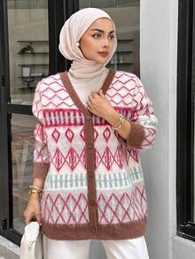 DAZY Cárdigan de punto holgado de manga larga con estampado de cuadros de colores contrastantes, estilo retro y casual para mujer, moda modesta de otoño/invierno - Marrón - Ver 6
