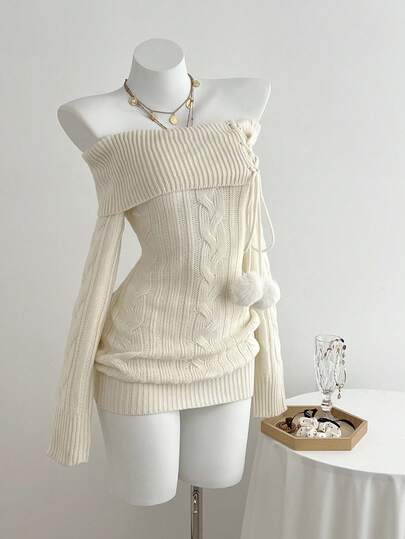Elamini Casual Solid Color Off Shoulder Fitted Mini Knit Dress, Autumn/Winter