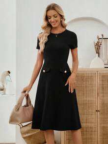 EMERY ROSE Women's Black Lace Patchwork Elegant Party Mid-Length Dress - Black - View 5