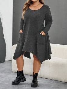 SHEIN CURVE+ فستان عصري بحافة غير متماثلة بمقاس كبير، قوطي/قوطي/هالوين - رمادي غامق - مشاهدة 3