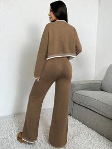 SHEIN EZwear 女士秋季条纹落肩长袖针织开衫和针织裤休闲两件套 - 咖啡棕 - 查看 2