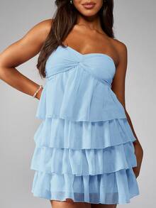 MISSGUIDED Strapless Mini Party Dress Ruffle Layered Design Empire Waist Summer Wedding Guest Mini Dress Twist Front Tiered Babydoll Party Club Dress - Baby Blue - View 3