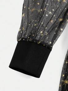 SHEIN Pitira 青少年女孩连衣裙 金色星星网眼覆盖连衣裙 - 黑色 - 查看 3