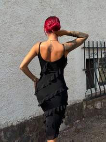 Bearsaez Black Dress Party Women Dresses Date Night Dress Solid Ruffle Trim Asymmetrical Hem Cami Dress - Black - View 2