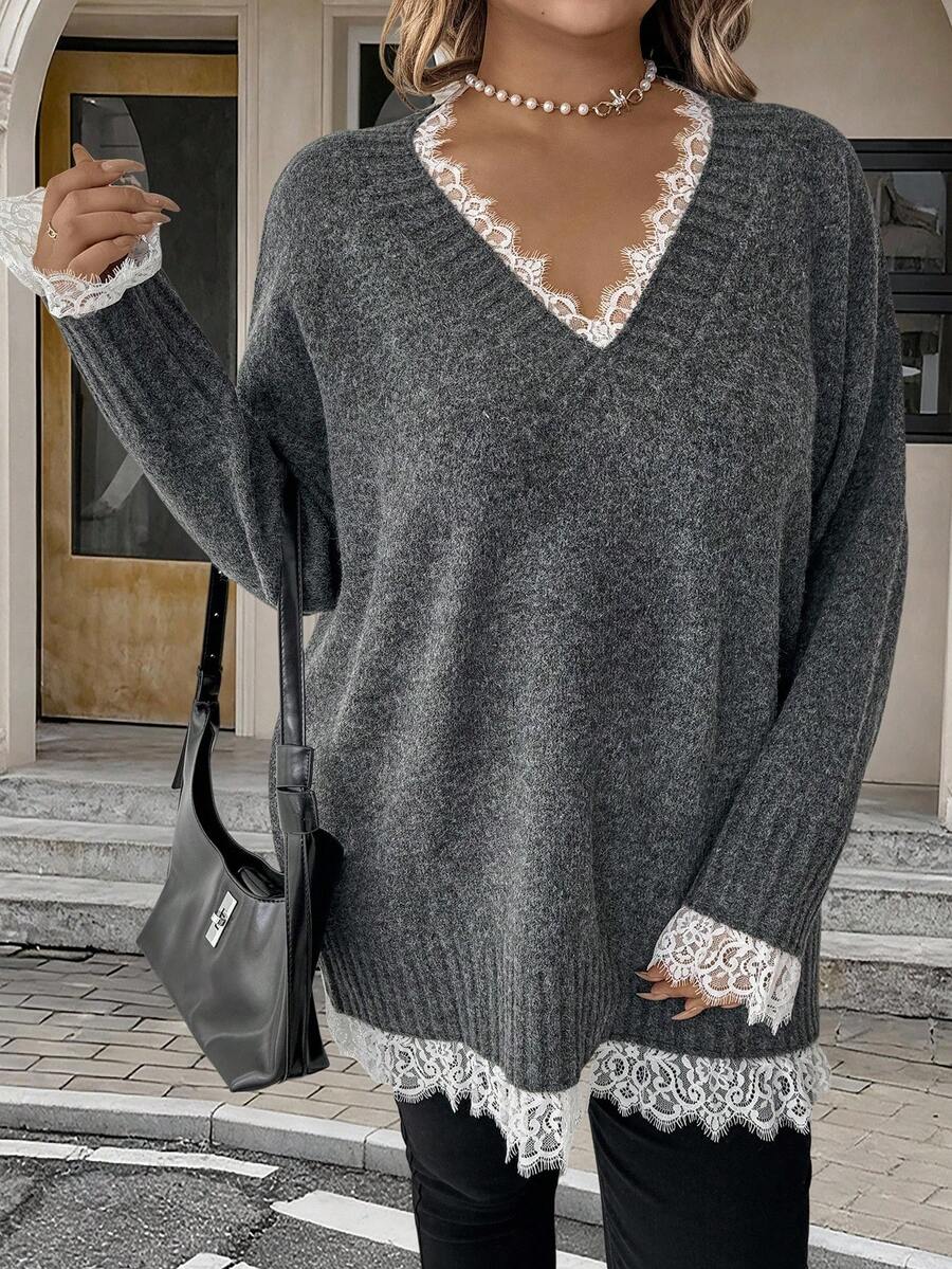 EMERY ROSE 1 pièce Femmes Pullover élégant à manches longues avec encolure en V et garniture en dentelle, épaules tombantes, grande taille - Gris - Voir 1