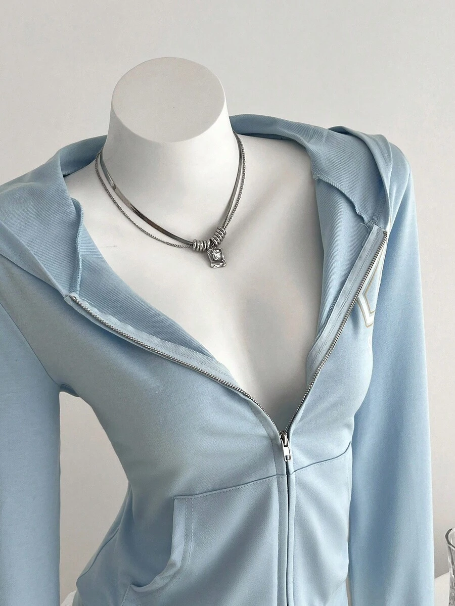 Elamini 秋季性感复古印花修身收腰拉链卫衣（女款） - 淺藍色 - 查看 1