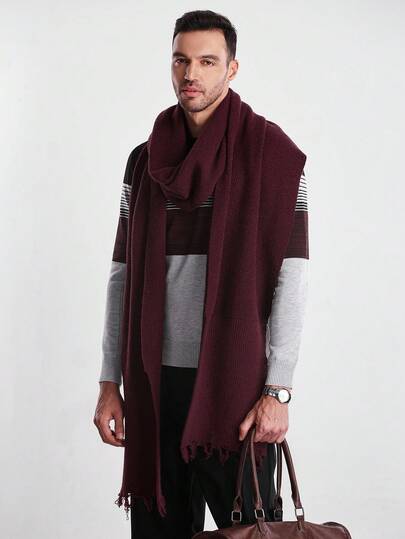 Manfinity CityGents Men's Simple Solid Color Fringe Trim Knit Shawl, Autumn/Winter