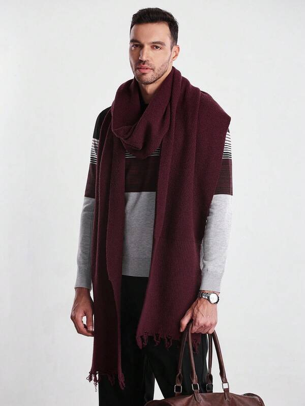 Manfinity CityGents Men's Simple Solid Color Fringe Trim Knit Shawl, Autumn/Winter