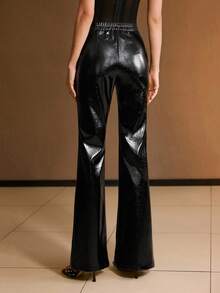 MOTF PREMIUM PU LEATHER SLANT POCKET SEAM FRONT FLARE LEG PANTS - Black - View 2