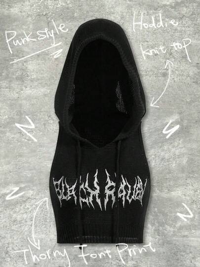 Shutterstock Y2Kool Top de Tricô com Capuz e Sem Mangas, Estampa Colorida em Contraste, Roupas Góticas com Capuz, Coleção de Roupas Estilosas, Looks de Ano Novo