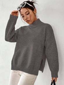 SHEIN LUNE 女式休闲纯色立领侧开衩毛衣，秋冬 - 深灰色 - 查看 5