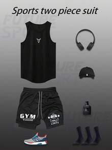 Gym Rark Men's Black Bull Head Print Tank Top & Drawstring Shorts Set,Summer Athleisure Gym Workout Suit,Breathable Quick Dry Slim Fit Sports Training Outfit - Black - View 1