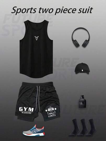 Manfinity Sport Corelite Herren Stier Kopf Muster Rundhals Tanktop und Shorts mit Kordelzug Taille Sport Anzug, atmungsaktiv, schnelltrocknend, bequem, schlank geschnitten für Workout, Training, Fitnessstudio Set, Konzert Outfit Fitnessstudio Set Workout Set