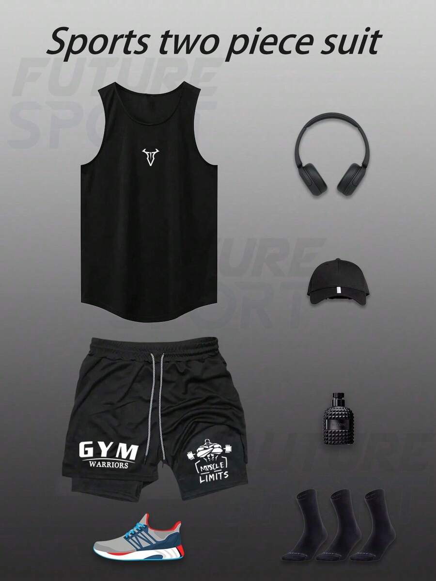 Gym Rark Men's Black Bull Head Print Tank Top & Drawstring Shorts Set,Summer Athleisure Gym Workout Suit,Breathable Quick Dry Slim Fit Sports Training Outfit - Black - View 1