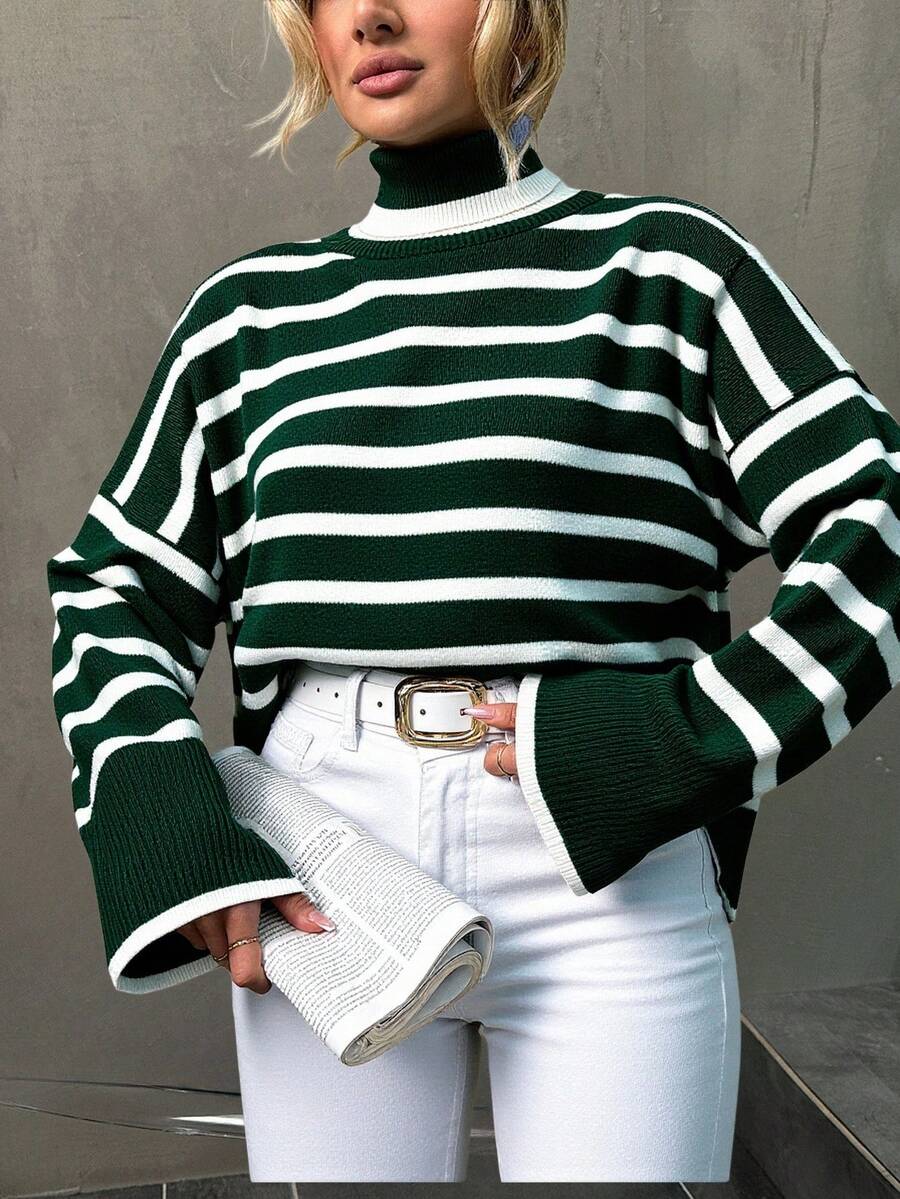EURMUSE Striped Pattern Turtleneck Drop Shoulder Sweater - Green - View 1