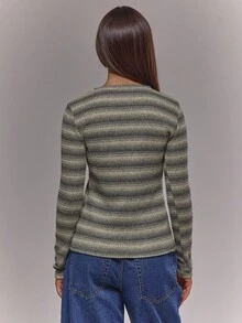 MUSERA 纽扣长袖条纹圆领针织开衫，适合休闲外出、秋季、夜晚约会、舒适优雅的春夏复活节等场合，休闲假日穿着。 - 彩色 - 查看 2