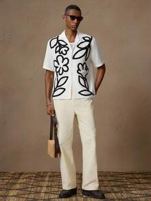 AKNOTIC AKNOTIC X Nawaf Alabid Men's Floral Embroidered Casual Slim Fit Short Sleeve Collared Button-Down Shirt, Suitable For Summer, Vacation, Daily Wear, Party, Couple, Men's Gift, Boxy Fit