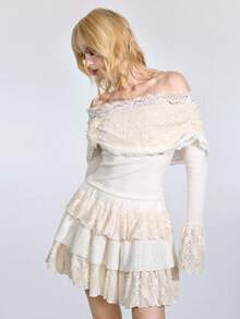 ROMWE J-Fashion Hime Gyaru 可爱甜美森系 3D 花卉装饰露肩女式 T 恤 - 杏色 - 查看 5