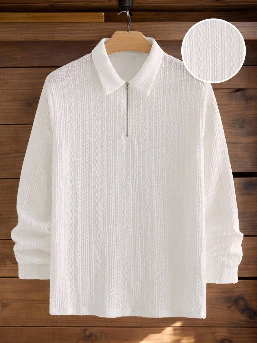 Manfinity NXTstreet 男士休闲提花针织拉链领长袖弹力 Polo 衫 - 白色 - 查看 1