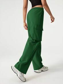 Hanevo Women's Casual Street Chic Solid Color Elastic Waist Flap Pocket Cargo Pants - Green - View 6