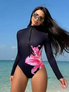 Swim SPRTY 1 件女式花卉印花立领长袖防晒衣，适合休闲运动和冲浪