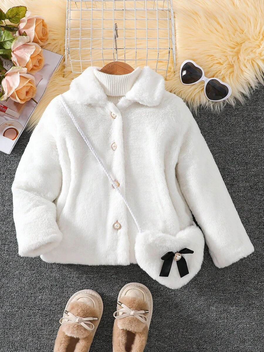 Young Girl Cute White Fluffy Comfortable Autumn/Winter Pearl Button Black Bow Heart Decor Jacket, Super Adorable Fall